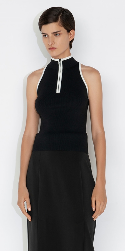 Tops and Shirts  | Zip Front Halter Knit | 990 Black