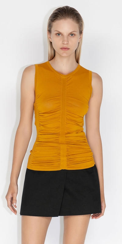Tops and Shirts  | Ruched Sleeveless Knit | 292 Mustard