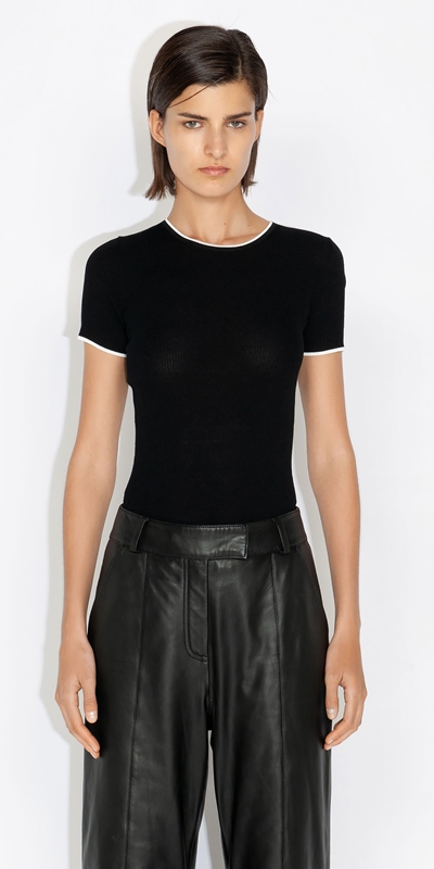 Tops and Shirts  | Ribbed Contrast Trim Knit | 990 Black