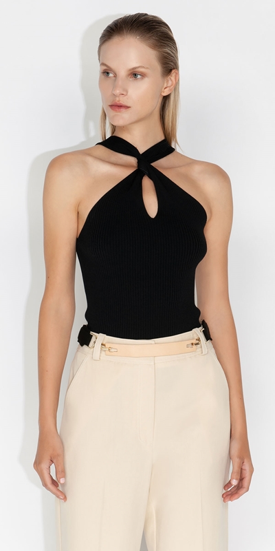 Tops and Shirts  | Twist Front Halter Knit | 990 Black