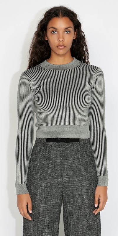 Sale  | Two Tone Long Sleeve Cropped Knit | 980 Silver Black