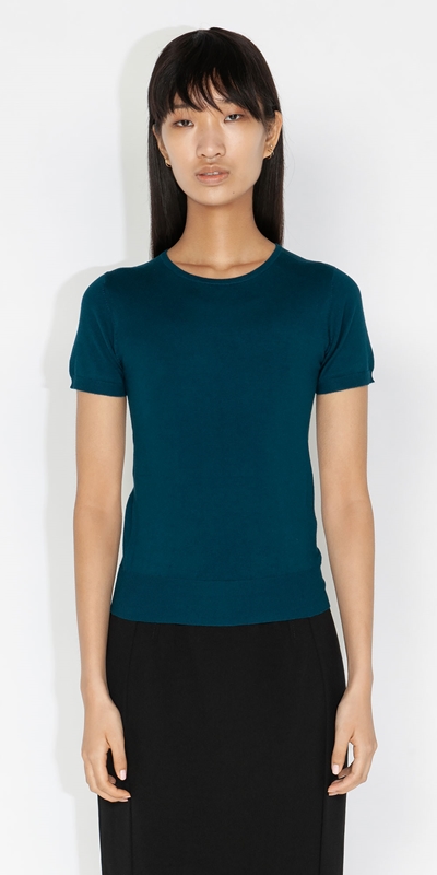 Tops and Shirts  | Short Sleeve Round Neck Knit | 770 Petrol