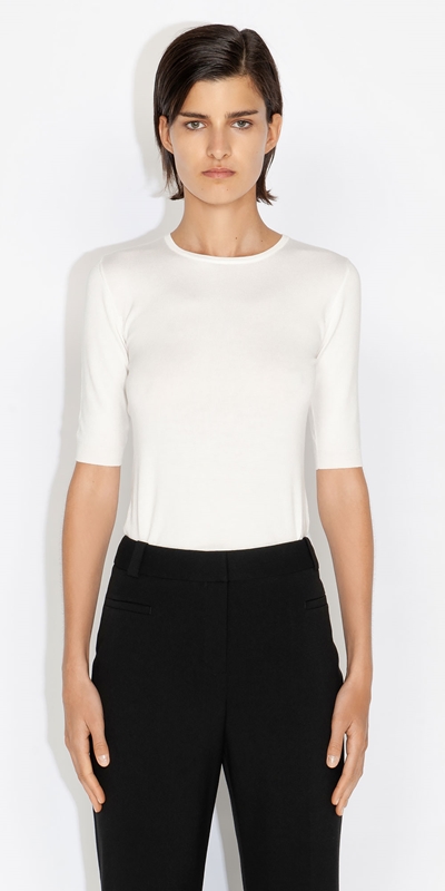 New Arrivals  | Elbow Sleeve Round Neck Knit | 110 Off White