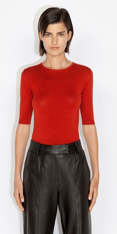 Tops and Shirts  | Elbow Sleeve Round Neck Knit | 286 Spice