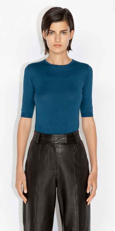 Tops and Shirts  | Elbow Sleeve Round Neck Knit | 722 Sea Blue