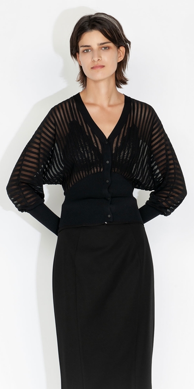 Tops and Shirts  | Sheer Stripe Magyar Sleeve Knit | 990 Black