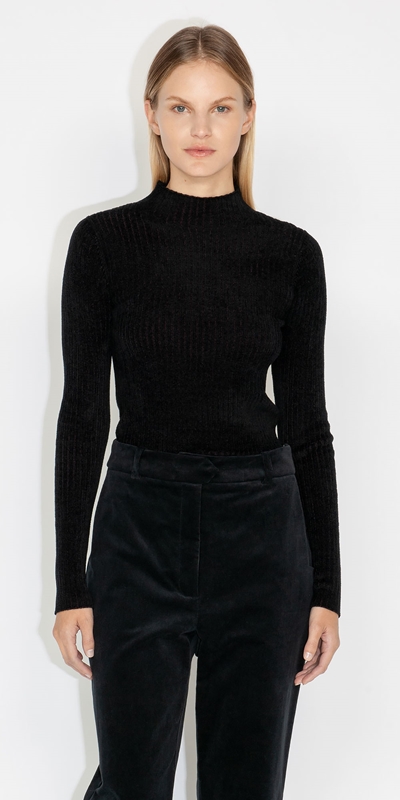 Tops and Shirts  | Velvet Two Tone Ribbed Knit | 990 Black