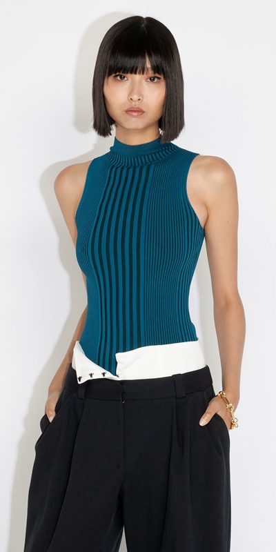 Tops and Shirts  | Two Tone Rib Funnel Neck Tank | 740 Teal
