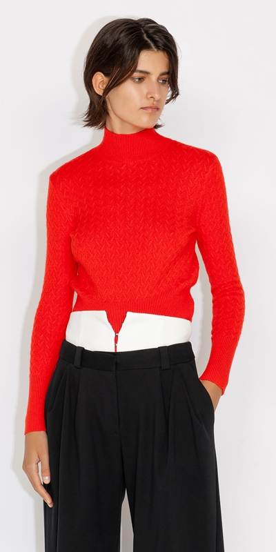 Knitwear  | Textured Funnel Neck Sweater | 288 Hot Orange