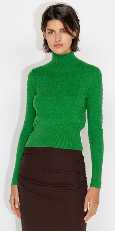 Knitwear  | Textured Funnel Neck Sweater | 328 Vibrant Green
