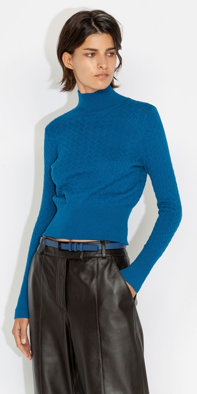 Knitwear | Textured Funnel Neck Sweater | 765 Bright Blue