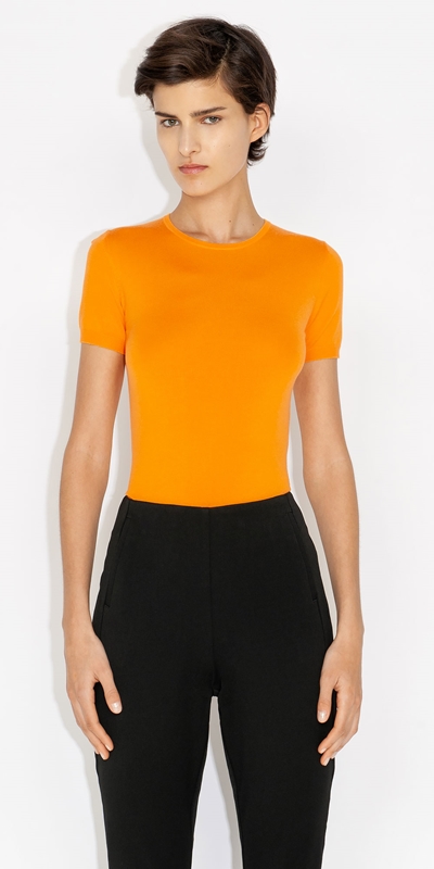 Tops and Shirts  | Short Sleeve Round Neck Knit | 270 Apricot