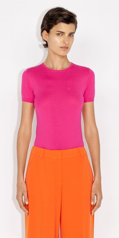 Tops and Shirts  | Short Sleeve Round Neck Knit | 519 Hot Pink