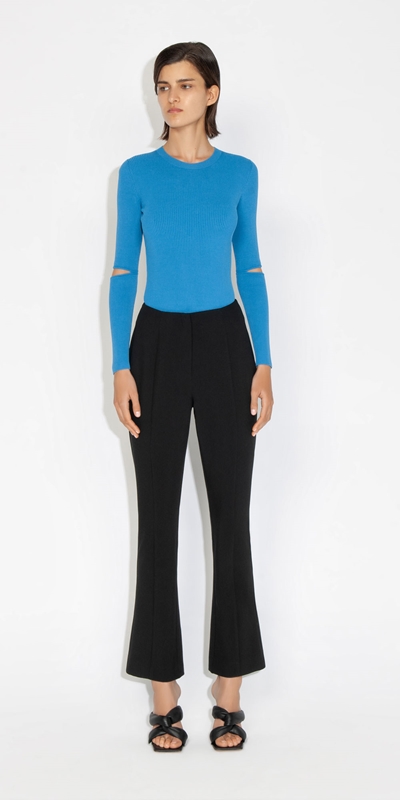 Sale | Ribbed Round Neck Cut Out Sleeve Knit | 731 Azure