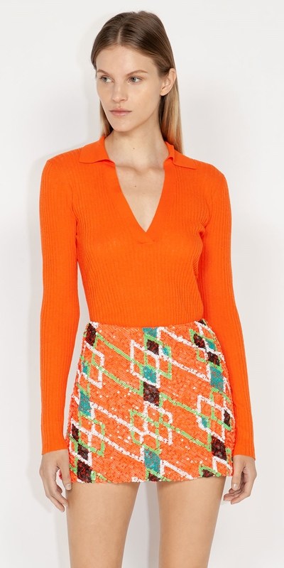 Cue Cares - Sustainable  | Sheer Polo Collar Knit | 280 Orange