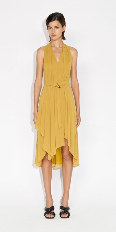 Cue Cares - Sustainable | Sheer Georgette Draped V Neck Dress | 198 Citrine