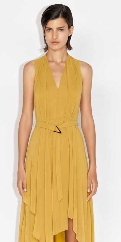 Cue Cares - Sustainable  | Sheer Georgette Draped V Neck Dress | 198 Citrine