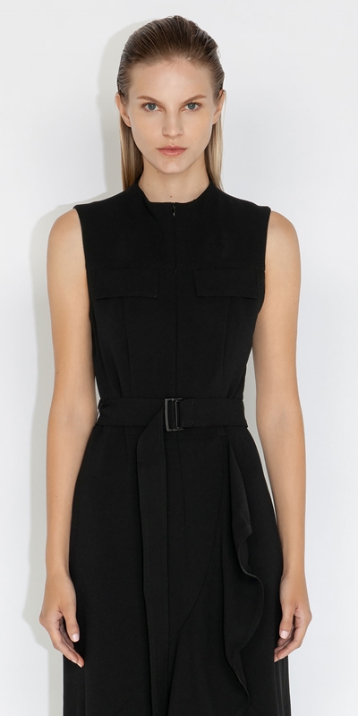 Dresses  | Crepe Belted Midi Dress | 990 Black