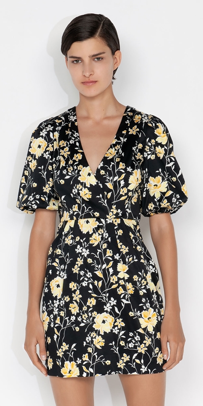 Dresses  | Floral Organic Cotton Puff Sleeve Dress | 200 Lemon