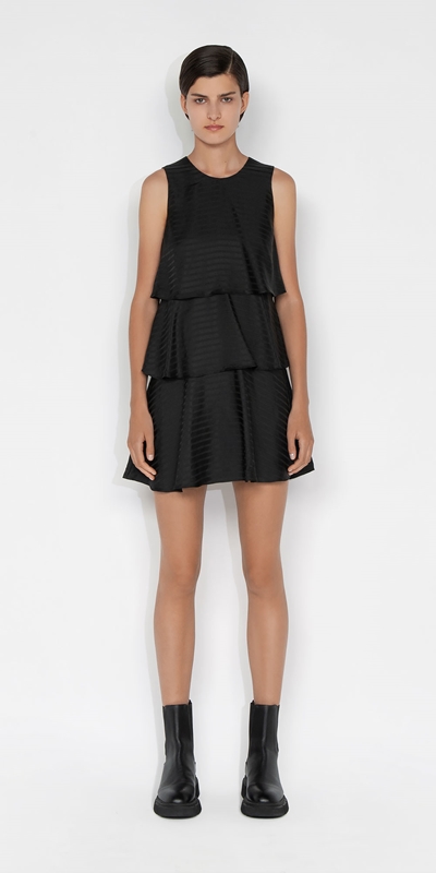 Dresses | Satin Stripe Tiered Frill Dress | 990 Black