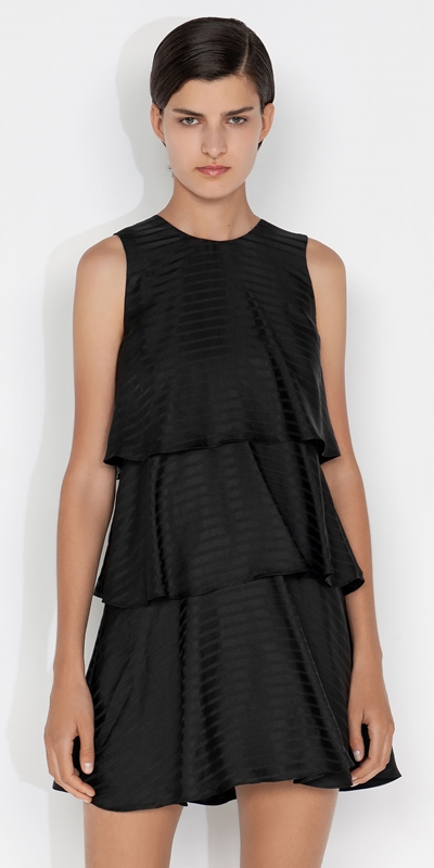 Dresses  | Satin Stripe Tiered Frill Dress | 990 Black