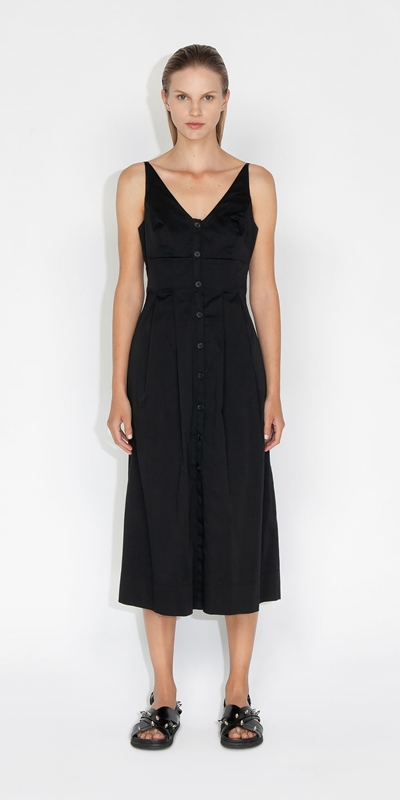 Cue Cares - Sustainable | Organic Cotton Tie Back Midi Dress | 990 Black