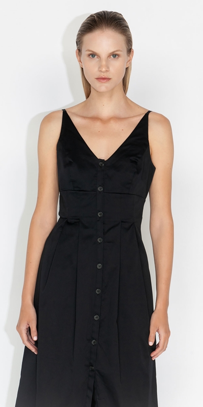 Cue Cares - Sustainable  | Organic Cotton Tie Back Midi Dress | 990 Black