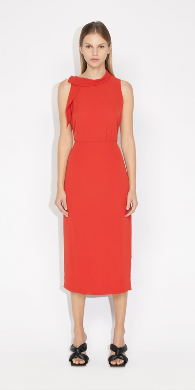 Cue Cares - Sustainable | Recycled Georgette Draped Neck Dress | 269 Burnt Orange
