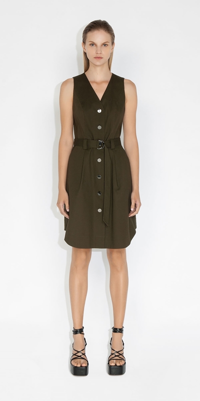 Dresses | Honeycomb Cotton Button Front Dress | 345 Dark Khaki