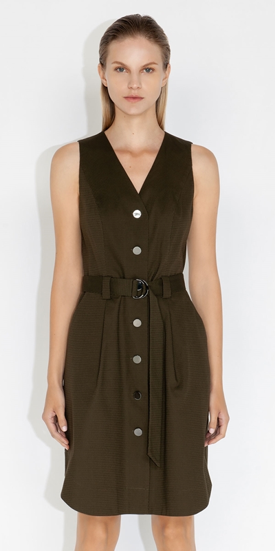 Dresses  | Honeycomb Cotton Button Front Dress | 345 Dark Khaki