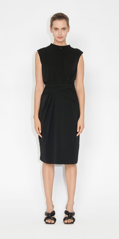 Cue Cares - Sustainable | Recycled Georgette Draped Waist Dress | 990 Black