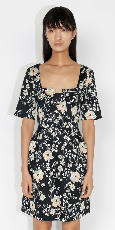 Sale  | Floral Cotton Tuck Front Dress | 938 Blue Grey