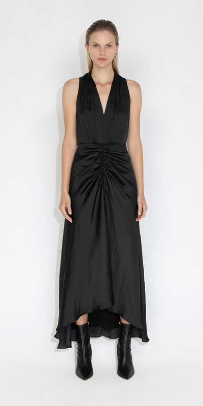 Dresses | Satin Ruched Front Dress | 990 Black