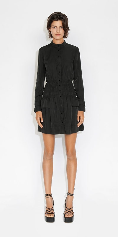 Cue Cares - Sustainable | Tech Twill Shirred Waist Dress | 990 Black