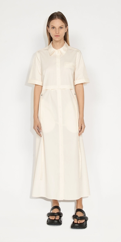 Sale | Cotton Nylon Deconstructed Shirt Dress | 104 Ecru