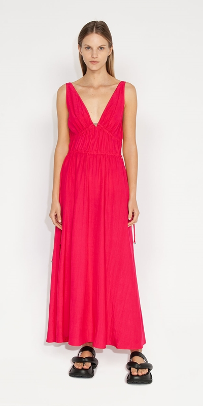 Sale | Deep V Neck Gathered Dress | 519 Hot Pink
