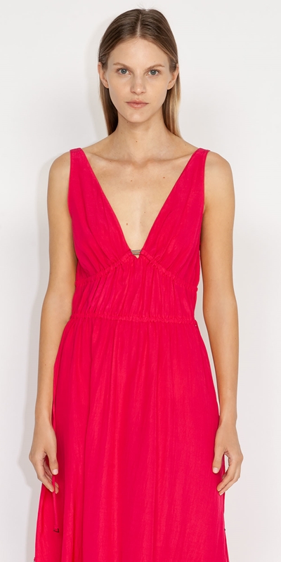 Sale  | Deep V Neck Gathered Dress | 519 Hot Pink