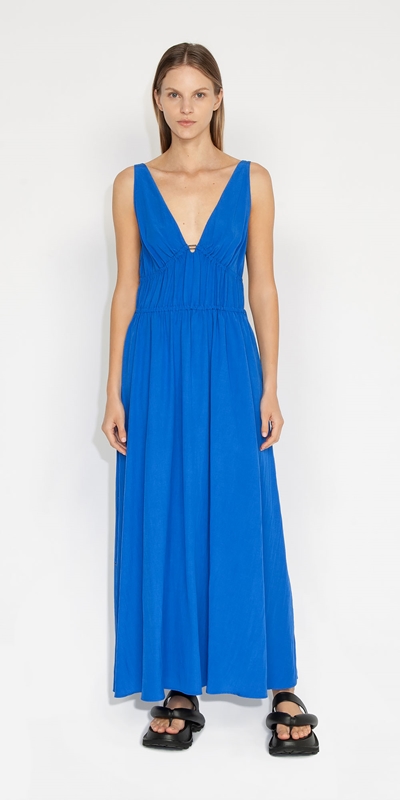 Sale | Deep V Neck Gathered Dress | 764 Lapis Blue