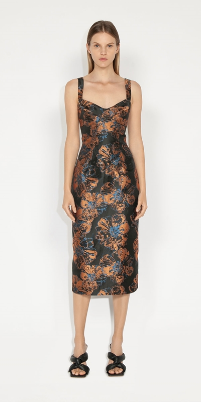 Sale | Sketched Floral Jacquard Midi Dress | 226 Copper