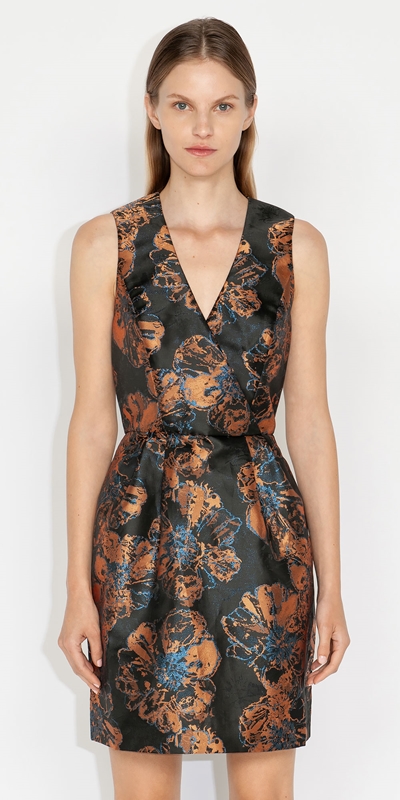 Sale  | Sketched Floral Jacquard Wrap Front Dress | 226 Copper