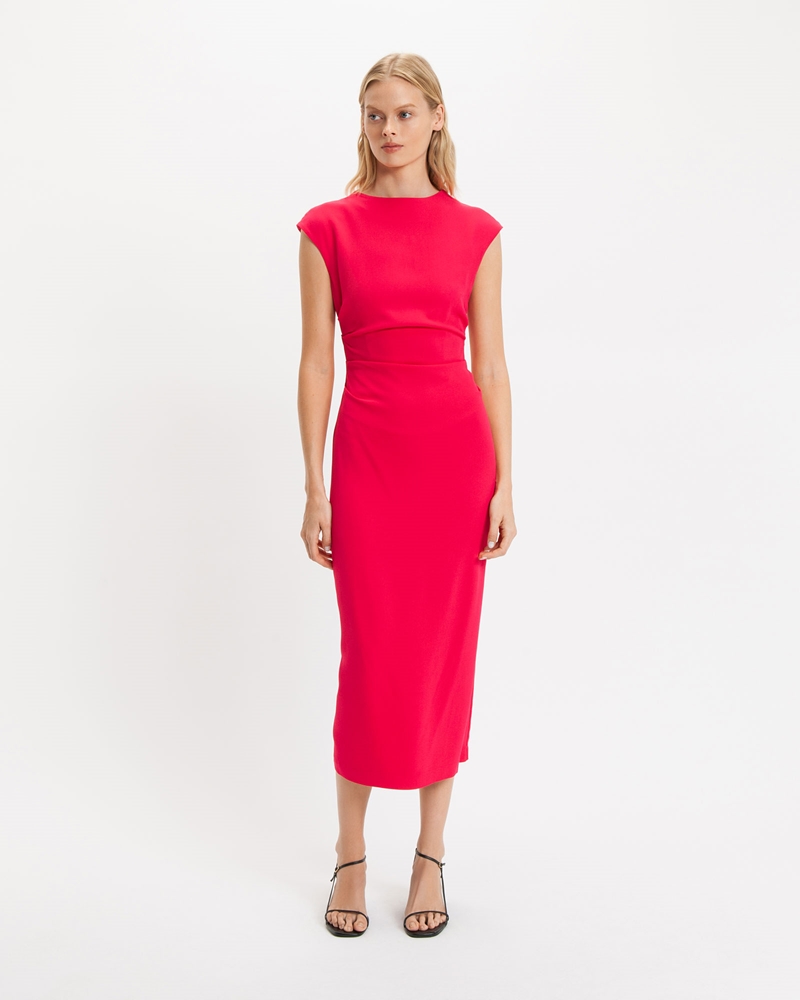 Sale | Crepe High Neck Midi Dress | 519 Hot Pink