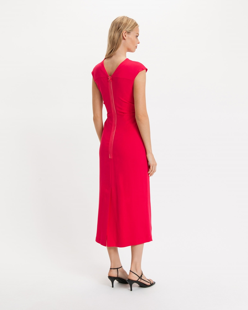 Dresses  | Crepe High Neck Midi Dress | 519 Hot Pink
