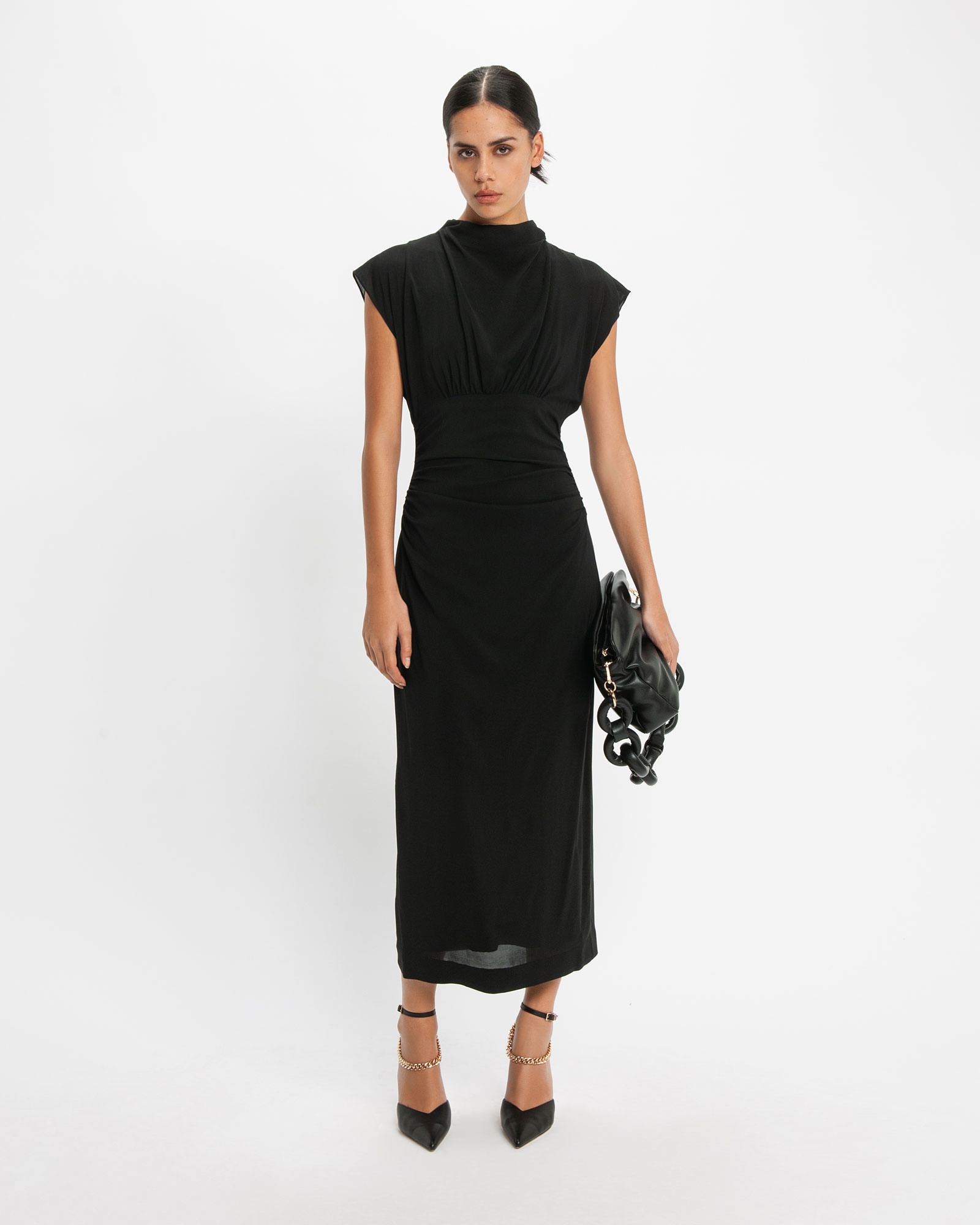 Dresses | Draped Neck Ruched Waist Midi Dress | 990 Black