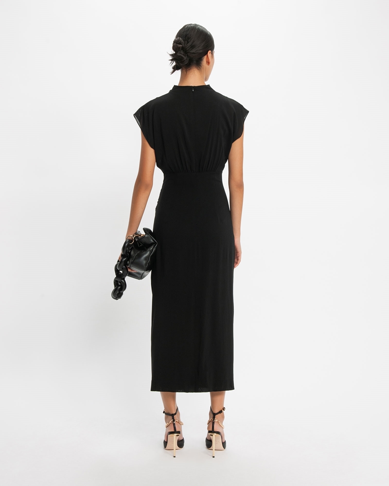 Dresses  | Draped Neck Ruched Waist Midi Dress | 990 Black