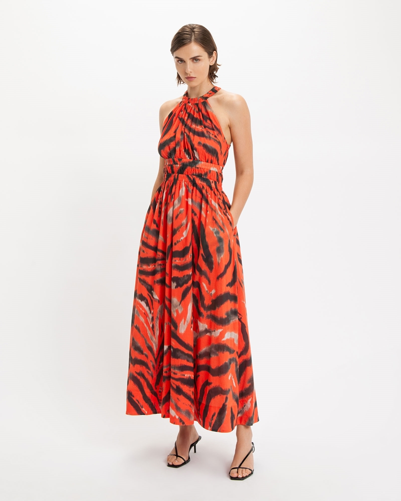Dresses | High Neck Ruched Midi Dress | 531 Coral