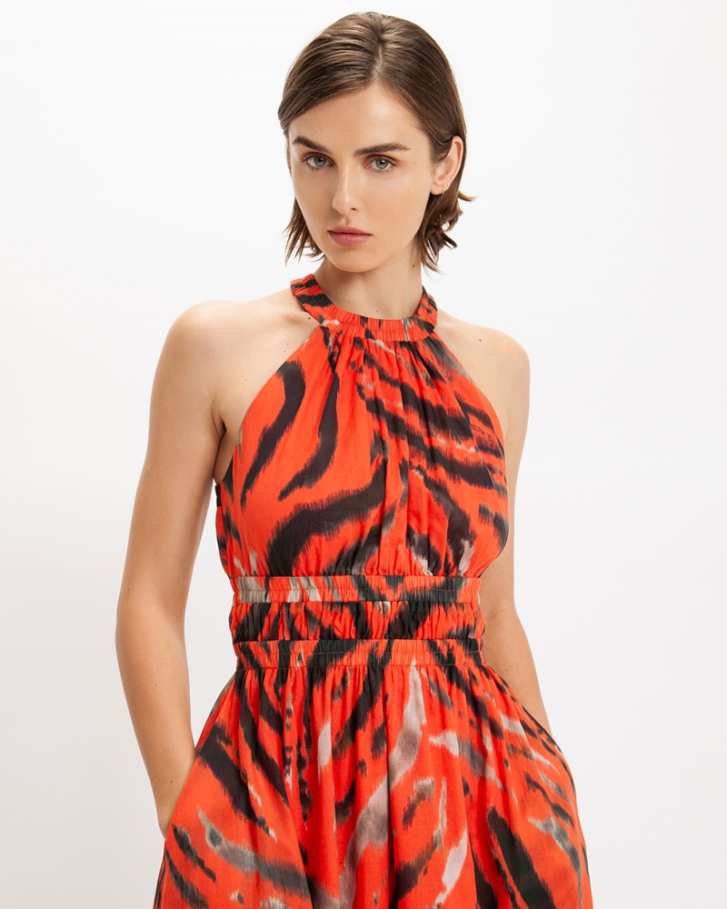 Dresses | High Neck Ruched Midi Dress | 531 Coral