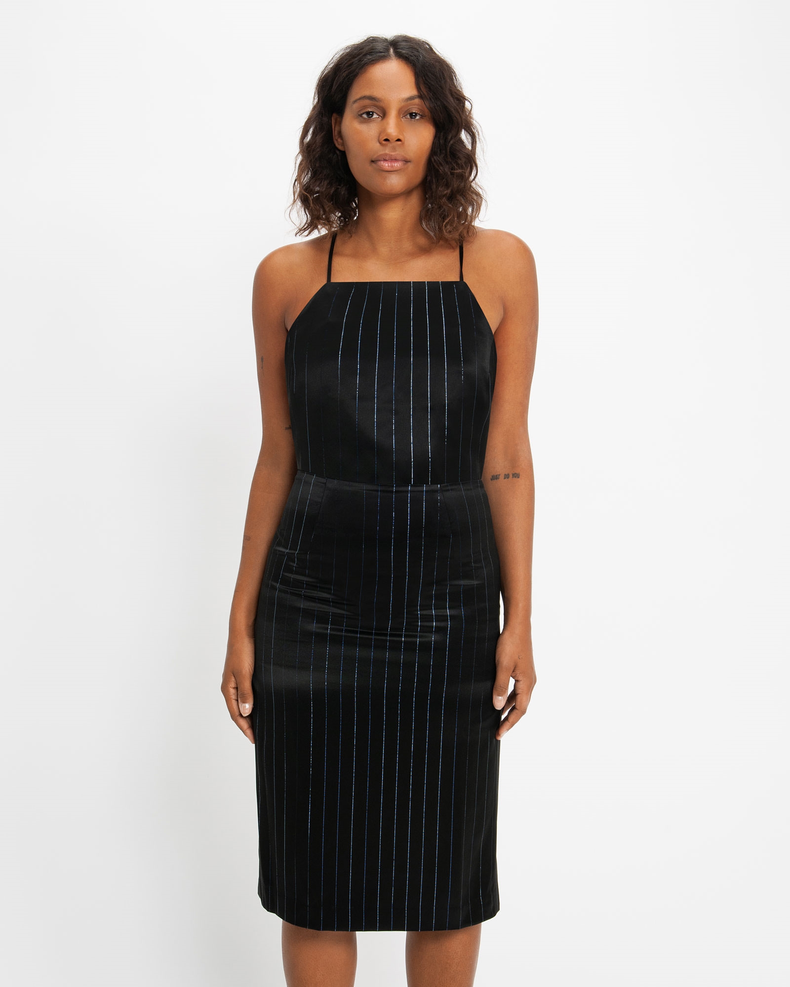 Sale  | Holographic Pinstripe Apron Dress | 990 Black