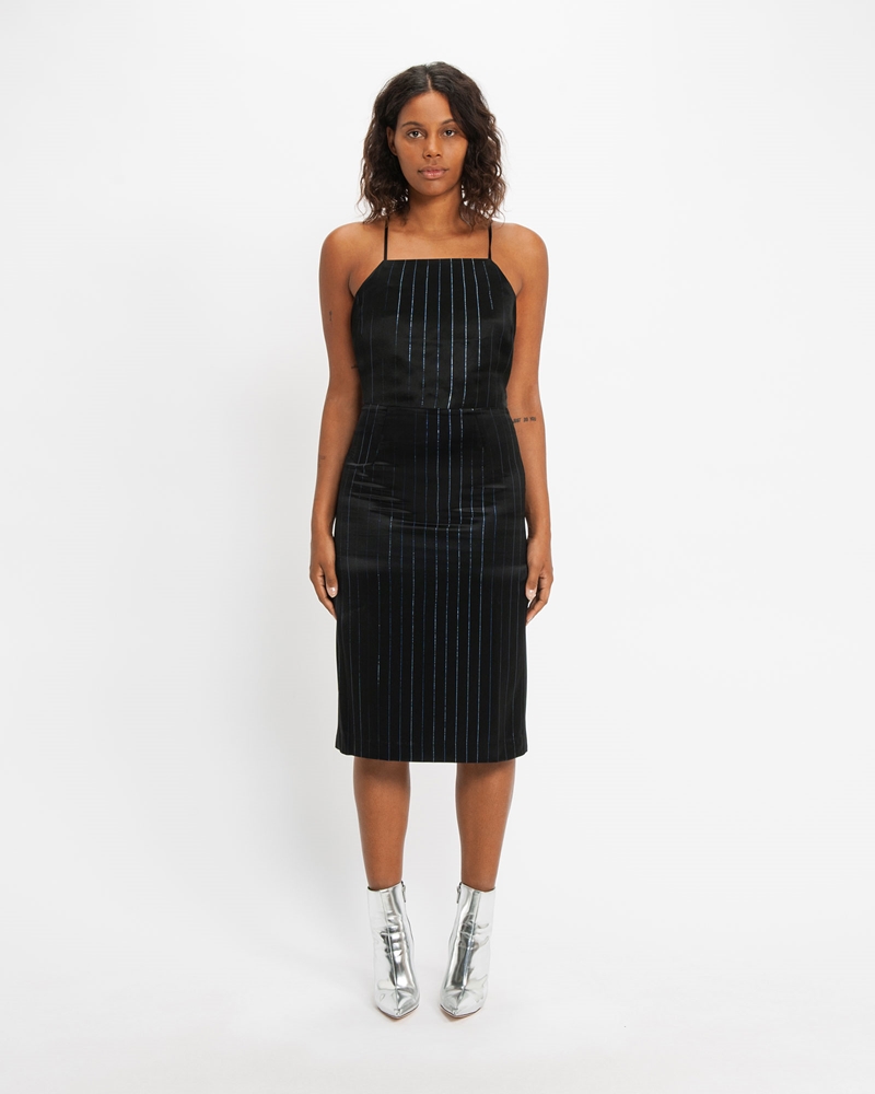 Sale | Holographic Pinstripe Apron Dress | 990 Black
