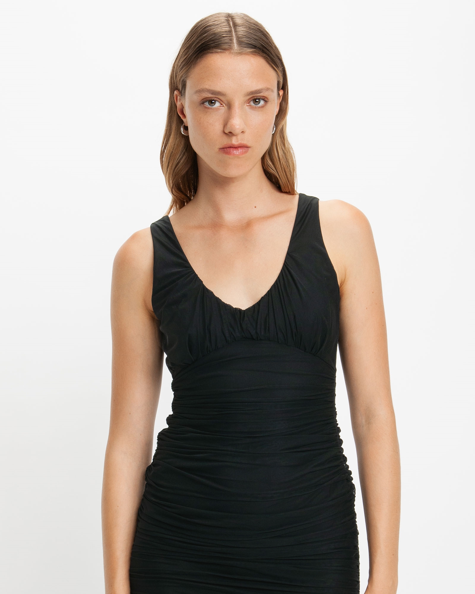 Dresses  | Ruched Mesh Midi Dress | 990 Black
