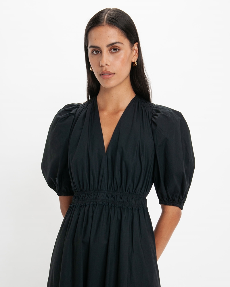 Sale | V-Neck Ruched Cotton Maxi Dress | 990 Black